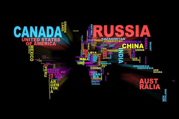 Mapa político del mundo en letras con hermosa fuente