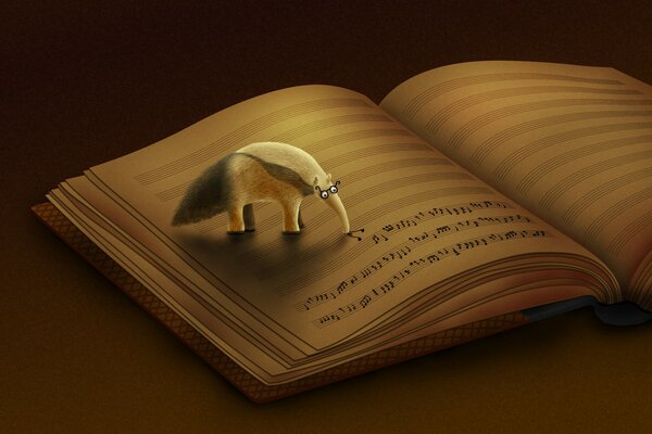 An unusual picture. An anteater on the book