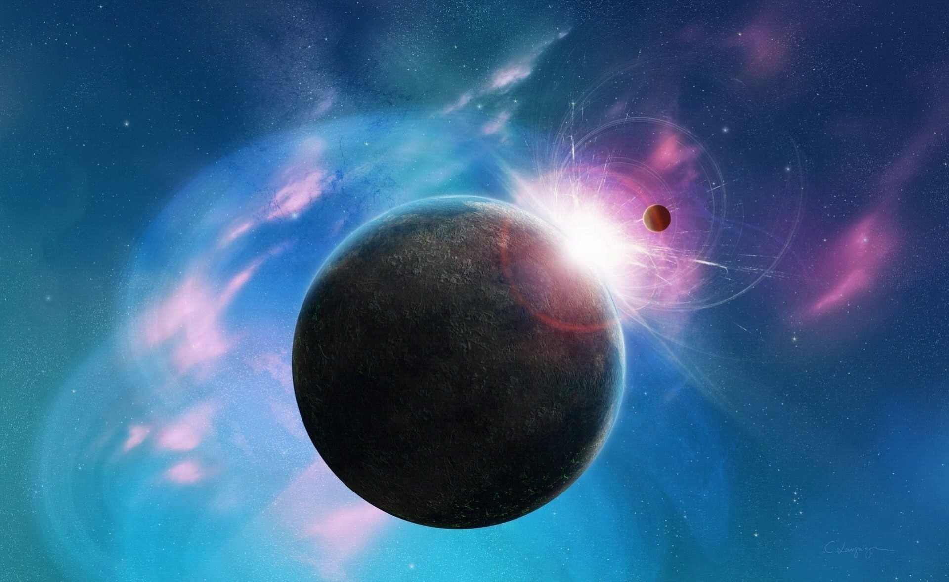 blue space planet pink