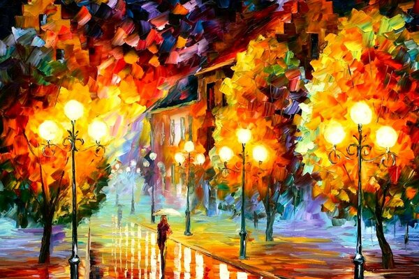 Oil painting with lanterns and alley