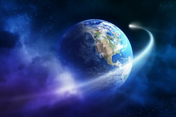 Планета Земля в облаках в синем космосе