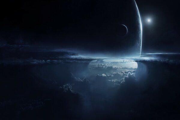 Night atmosphere near the planet surrounded by clouds