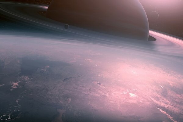 A fantastic planet in space at sunrise