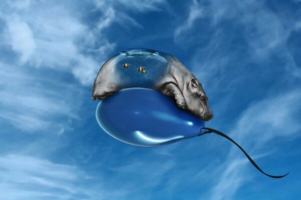 A hippo riding on a blue balloon filled with slaves in his tummy