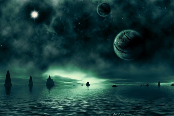 Planets over a rocky sea against a background of thunderclouds