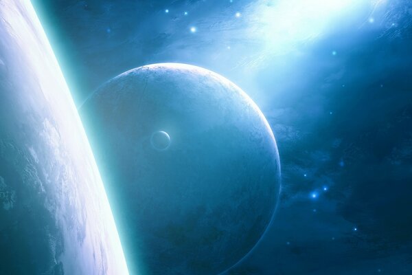 Поверхность планеты на фоне Земли и спутника в голубом свечении космоса