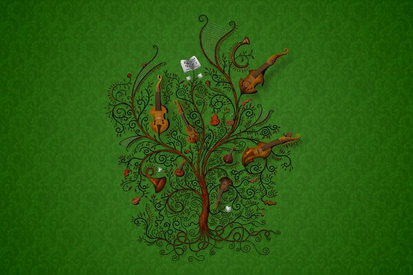 A tree with musical instruments on a green background