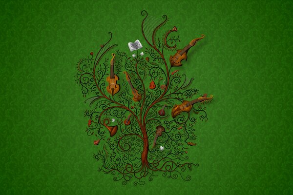 Дерево с музыкальными инструментами на зеленом фоне