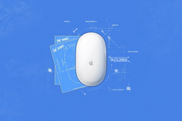 Zeichnung eines Apple-Geräts mit einem Apfel auf blauem Hintergrund