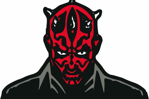 Drawing of a man in black with a red face and horns