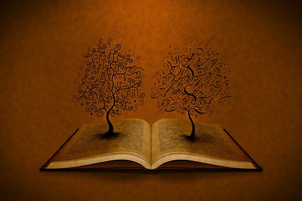 An open book of letters trees grow