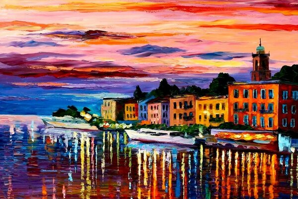 Pittura a olio della città sul fiume