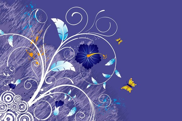 Fleur bleue avec des feuilles et des germes avec un papillon jaune sur fond violet