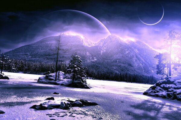 Deep Snowy night in the mountains against the background of the starry sky