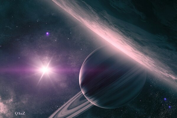 Saturn in space under a bright star