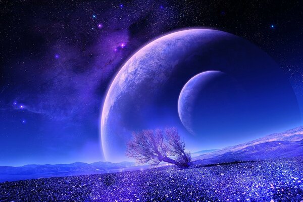 На красивом фиолетовом фоне изображён космос