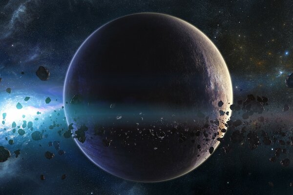 A planet with an asteroid belt on the background of the galaxy