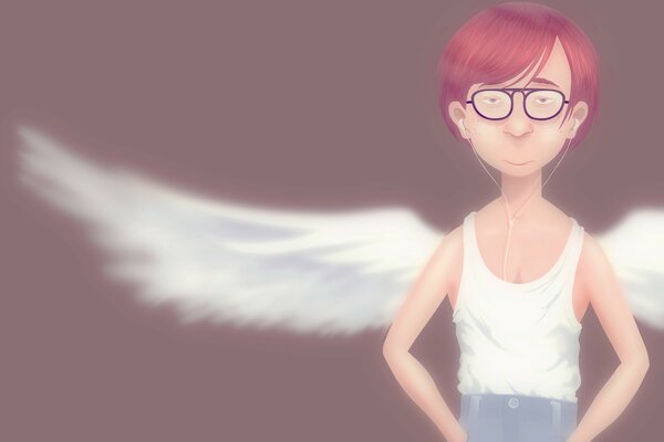 Cartoon boy in a white T-shirt with white wings