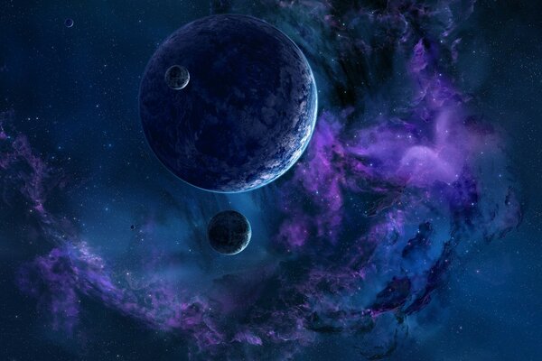 A planet in a purple cosmic nebula