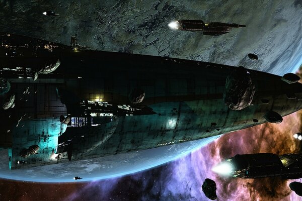 Изображена фантастическая картинка, вторжение и космические корабли