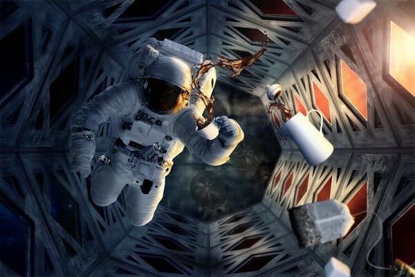 An astronaut works in deep space