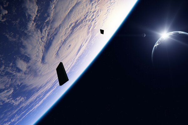Black monoliths in space. View of the earth