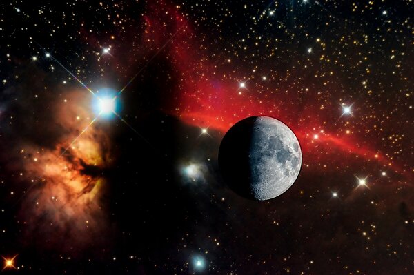 The moon against the background of stars and space