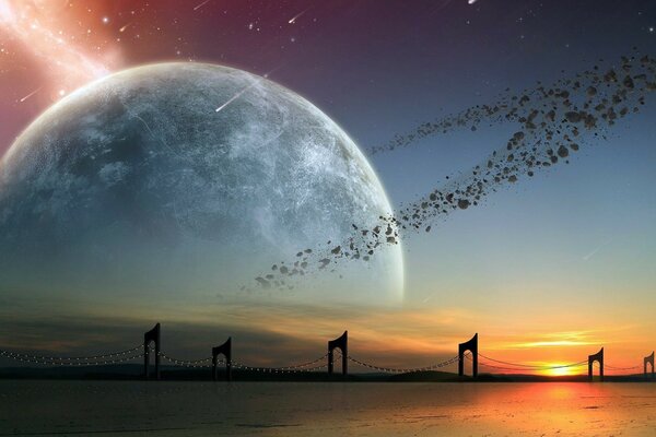 Planet im Asteroidengürtel bei Sonnenuntergang vor dem Hintergrund der Brücke