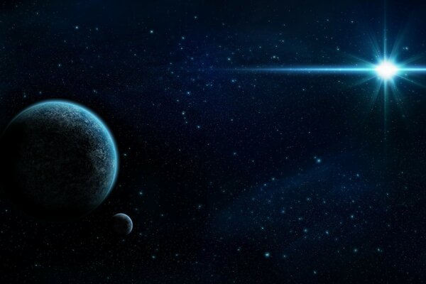 Арт рисунок яркая звезда в космосе и большая планета