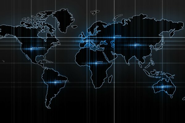 Mapa del mundo con la imagen de los continentes firmados por el resplandor azul