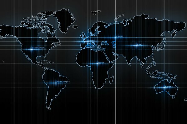 Carte du monde représentant les continents signés par une lueur bleue