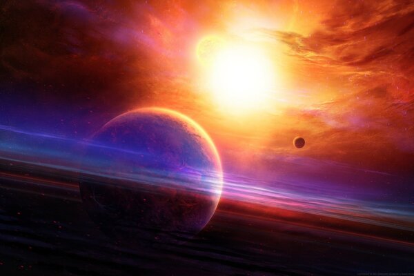 Beautiful art with a planet and starlight at sunset