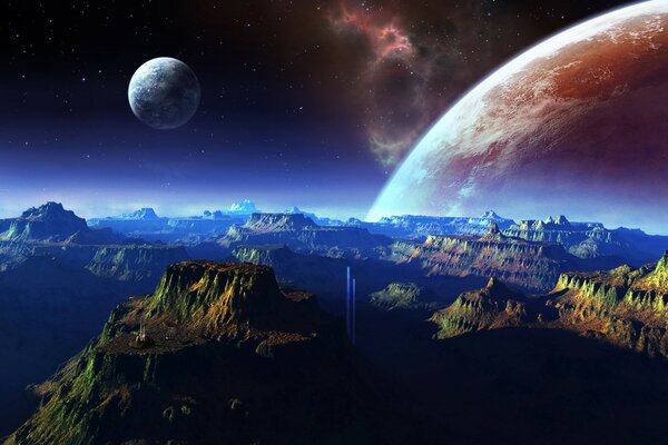 A space planet with mountain tops