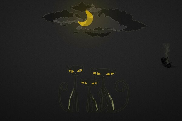 Three black cats at night on the background of the moon