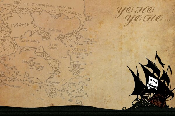Арт пиратский корабль на фоне карты сокровищ