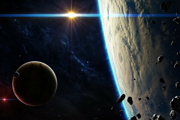 Espace fantastique. planète bleue. ceinture d & apos; astéroïdes