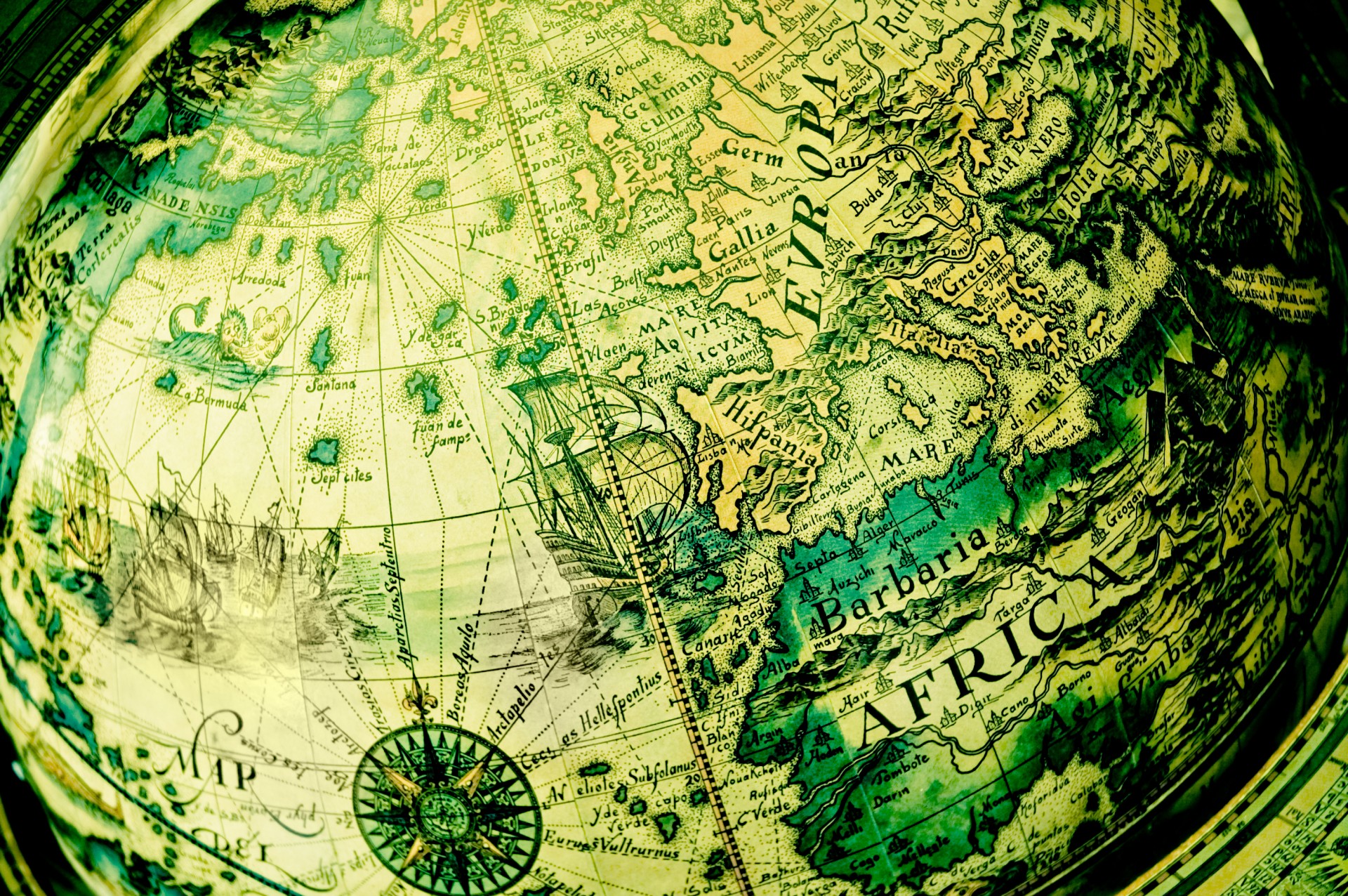 globe map of the world antique green background