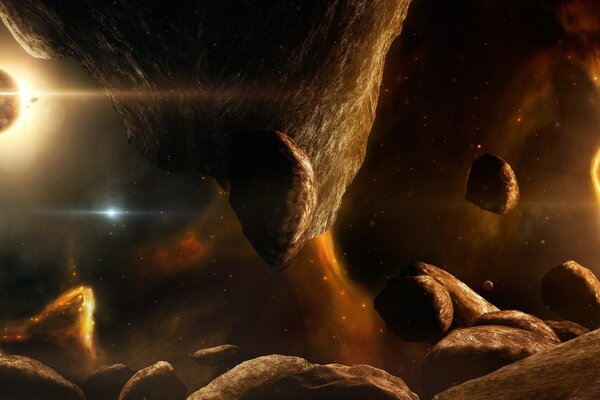 Un asteroide vuela con planetas en el espacio