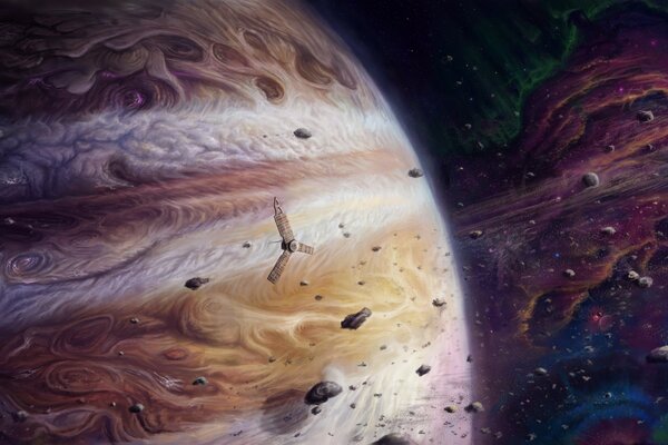 Espace mystérieux. Planète géante Jupiter entourée d astéroïdes