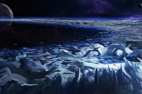 Glaciares en los anillos del planeta en el espacio