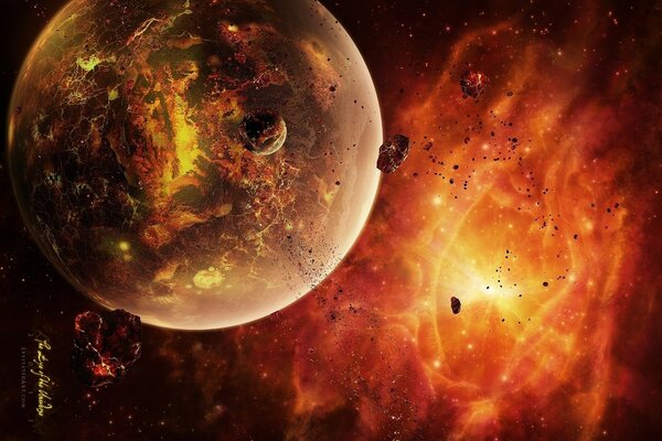 Planète rougeoyante parmi les astéroïdes sur fond orange