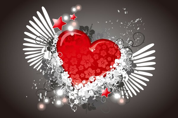 Czerwone serce ze skrzydłami. Symbol miłości
