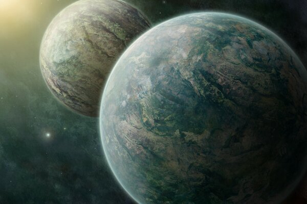 Dos planetas entre una nebulosa en el espacio
