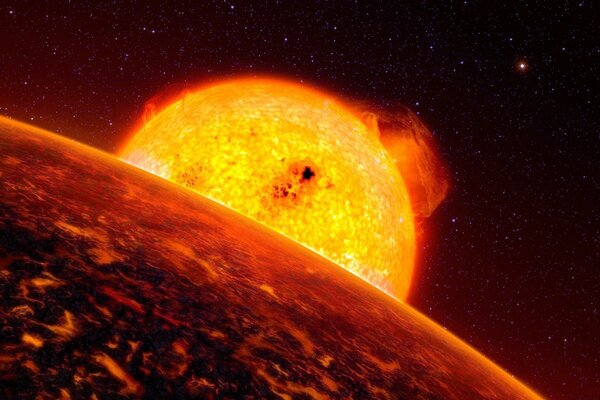 Un planeta al rojo vivo emerge de detrás de otro planeta