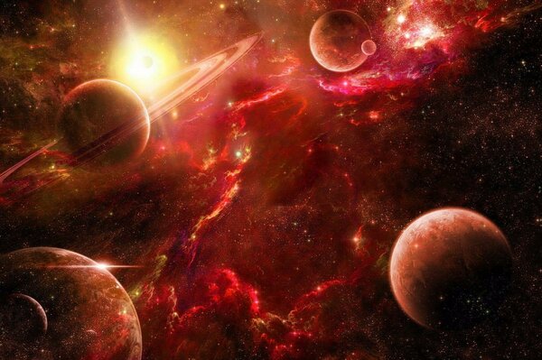 The red universe and different planets in the nebula