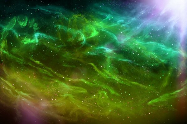 The green glow of a nebula in space