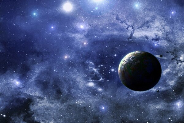 Изображение звездолета вокруг планеты земля в космосе