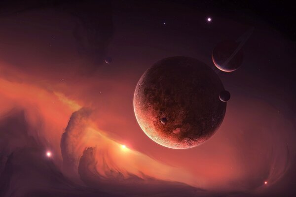 Muchos planetas en el espacio los anillos de niebla y el polen del universo