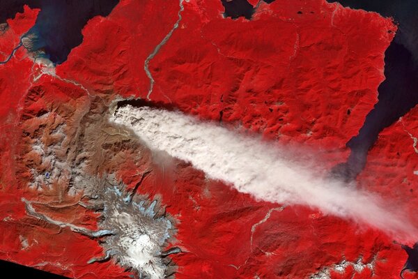 Volcano eruption bird s-eye view