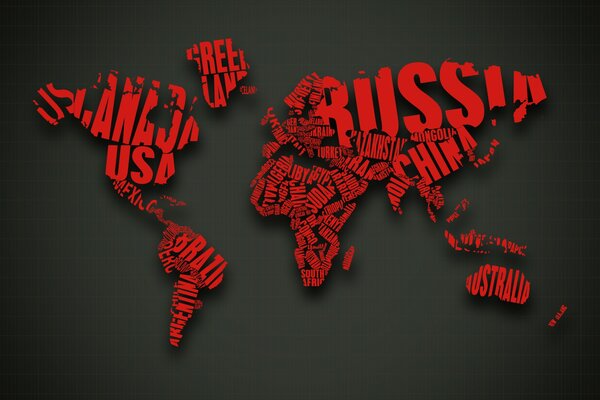 Mappa del mondo in caratteri rossi